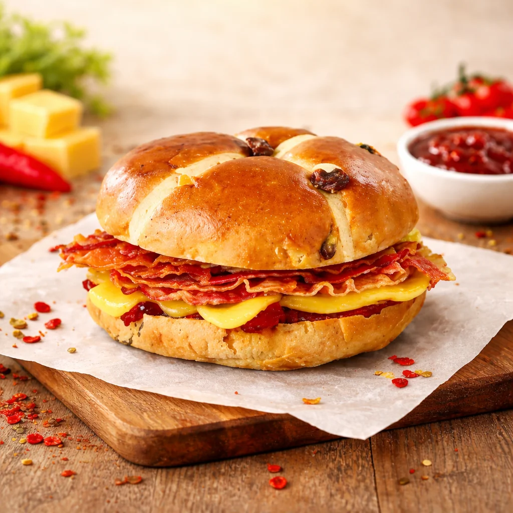 Bacon, Mature Cheddar & Chilli Jam Hot Cross Bun