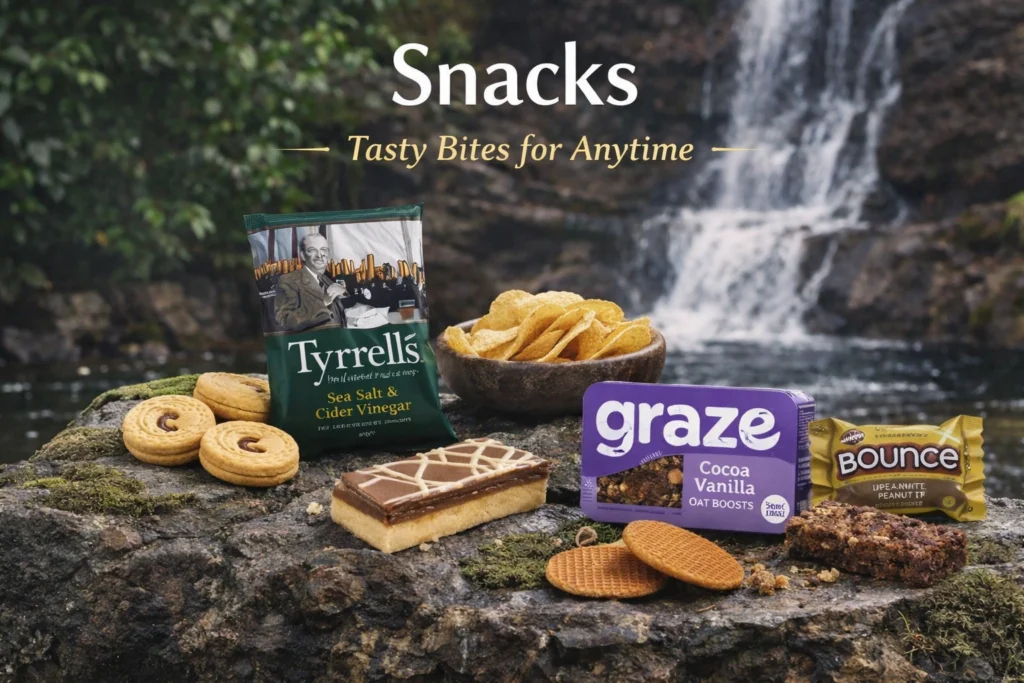 costa snacks menu showing snacks items on a rock at water fall background